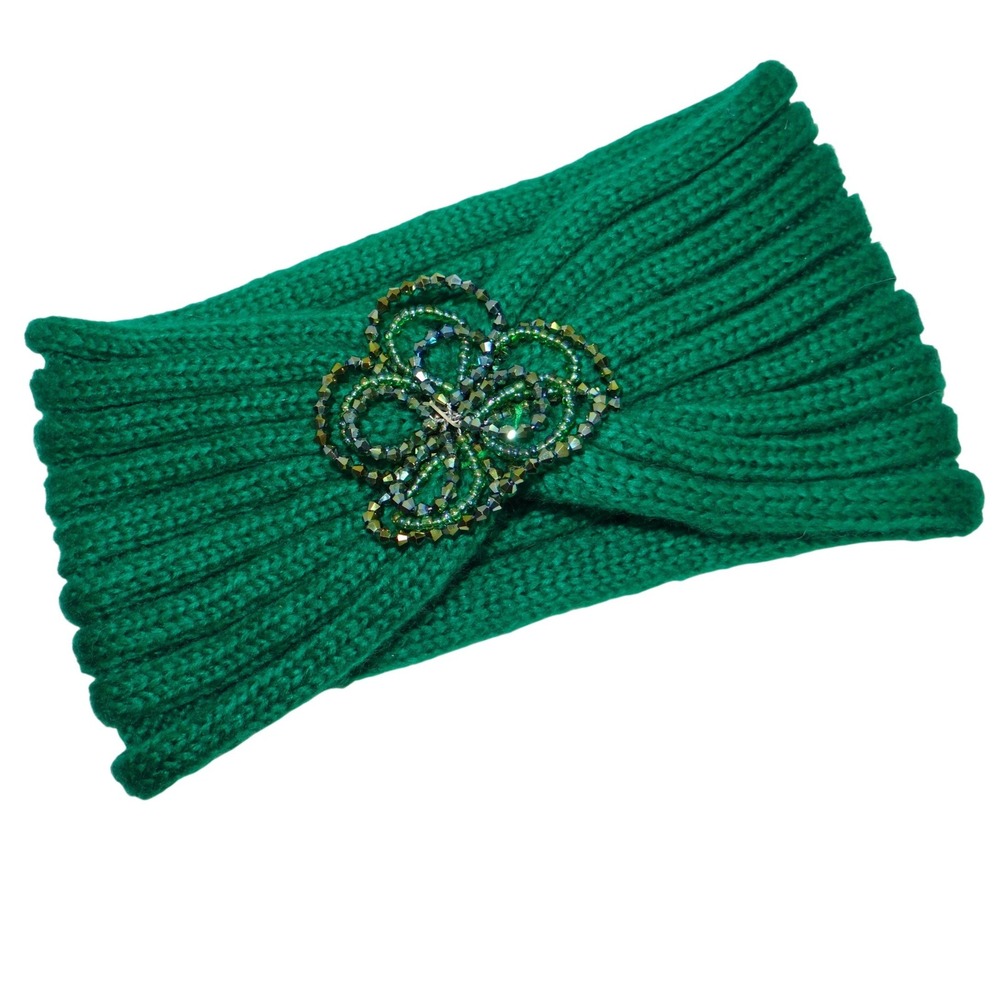 CC Exclusives Green Knitted Turban Headband Beaded Flower Embellishment